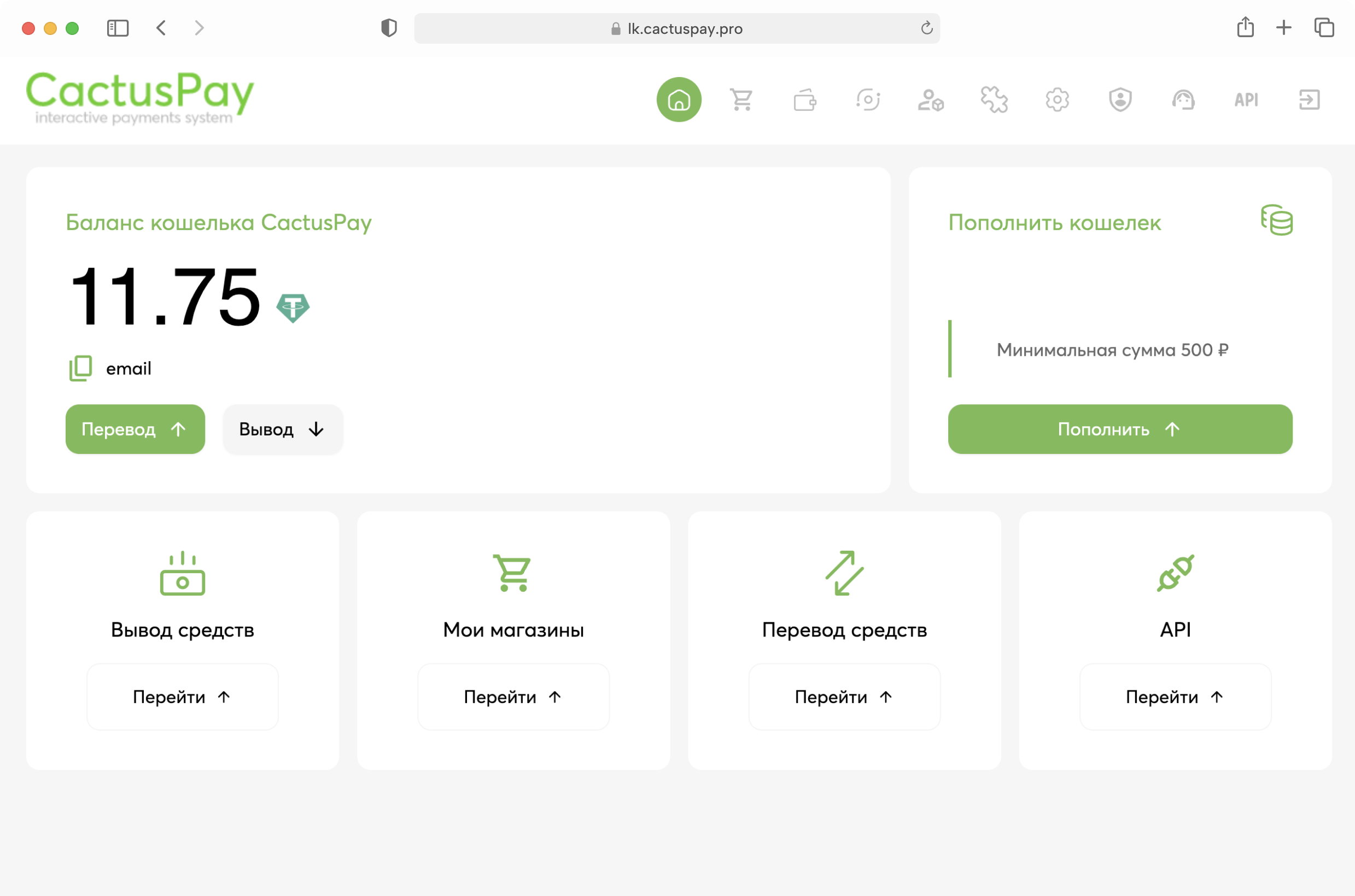 Интерфейс платформы CactusPay
